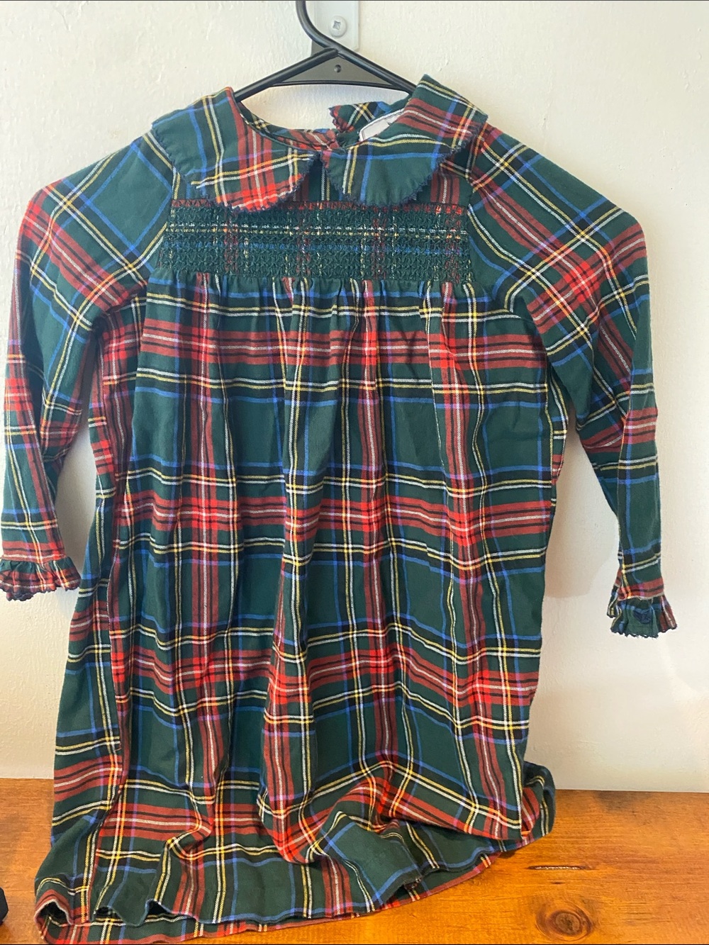Girls' Green and Red Plaid Long-Sleeve Nightgown with Smocked Yoke